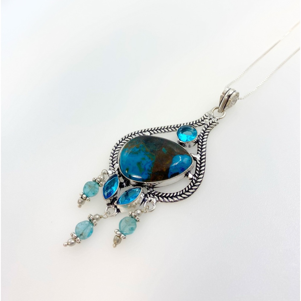 925 Silver Plated-Chrysocolla Blue Topaz Beads necklace